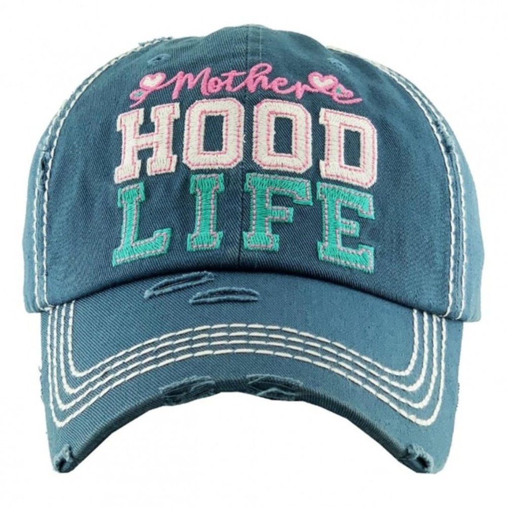 Distressed Blue 'Mother Hood Life' Cap